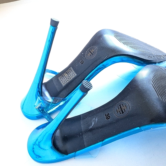 FEMME Los Angeles Transparent Blue PVC Ankle Strap Heels Pumps Sandal π - Picture 9 of 13